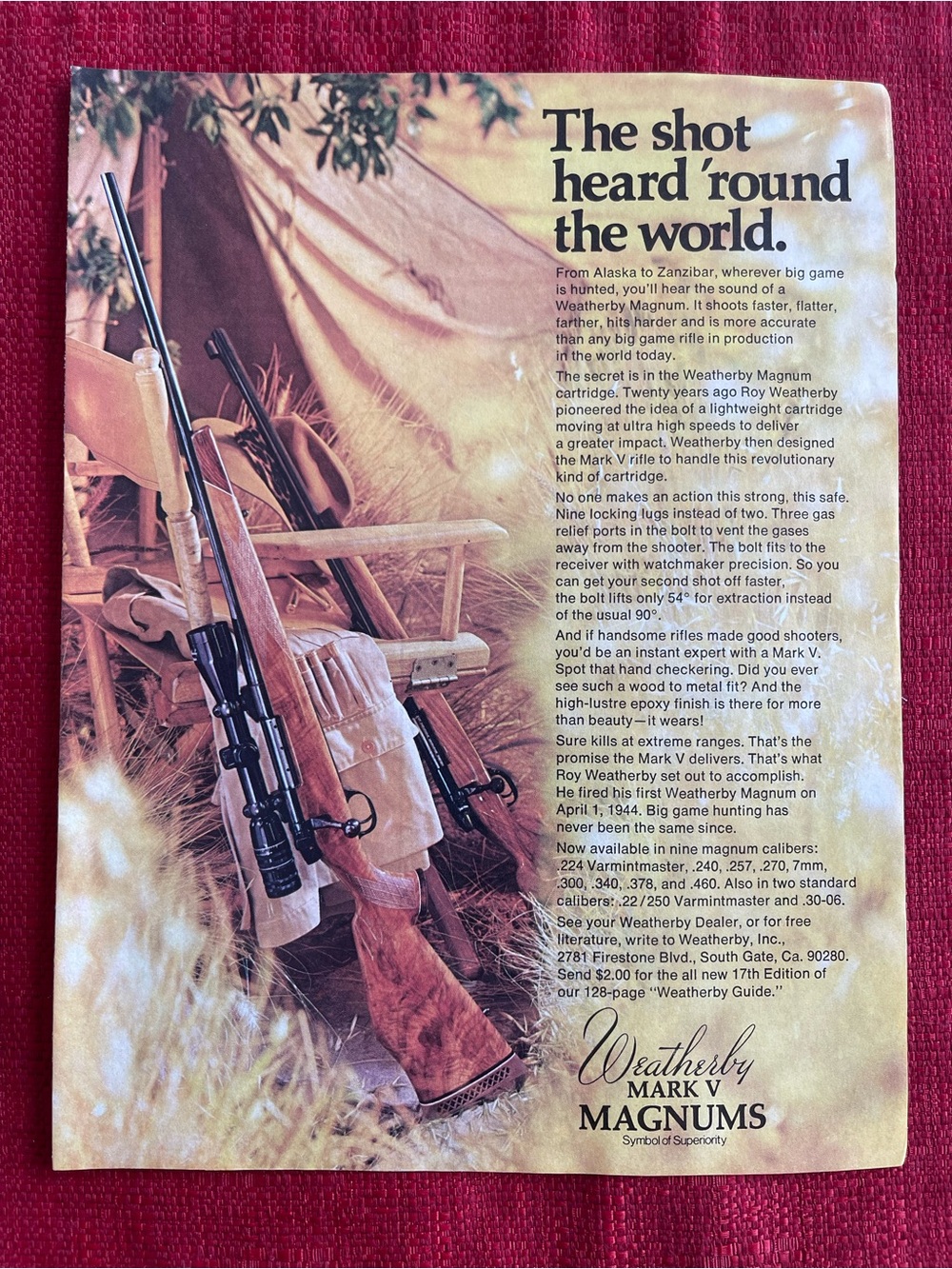 1974 Weatherby Mark V Magnum Rifle 
Vintage Print Ad